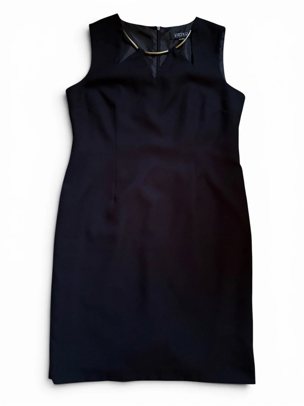 Kasper Black Sleeveless Sheath Dress with Gold Neck Accent